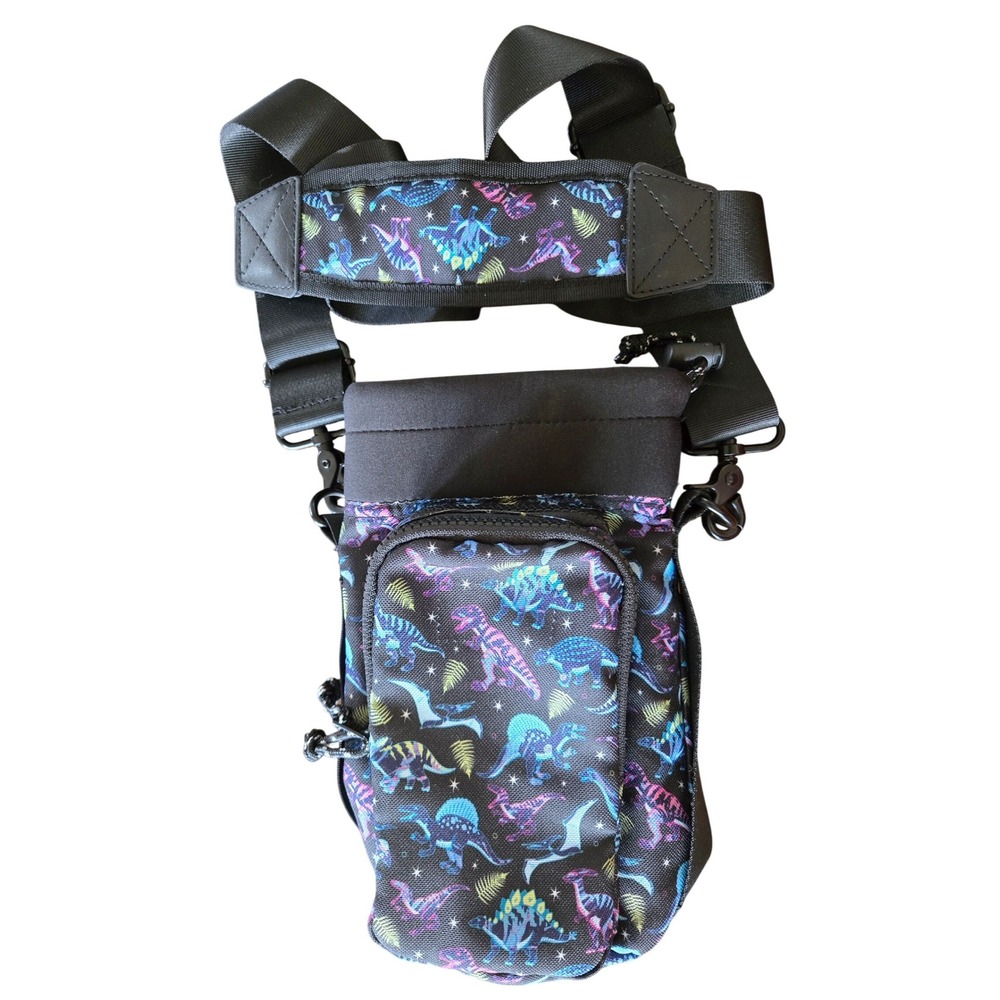 Cute Dinosaur Print Water Bottle Crossbody Bag Recycled Polyester Neoprene Black
